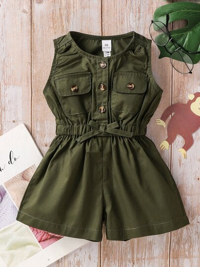 Baby Button Front Pocket Tank Romper | SHEIN