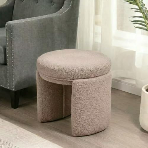 Edeco round bouclé sherpa ottoman vanity stool with wood legs