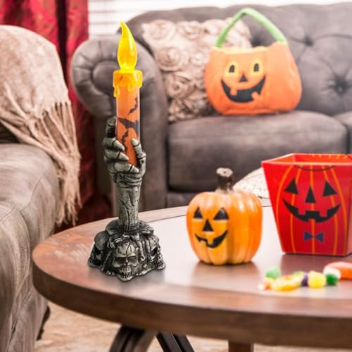 Halloween Skull Candle Holder Light, Ghost Skeleton Hand Flameless Candles Lamp, Halloween Candlesticks Holder Spooky Candle Holder Decorative Flameless Lamp for Home Party Bar Decor (Orange) | Amazon (US)