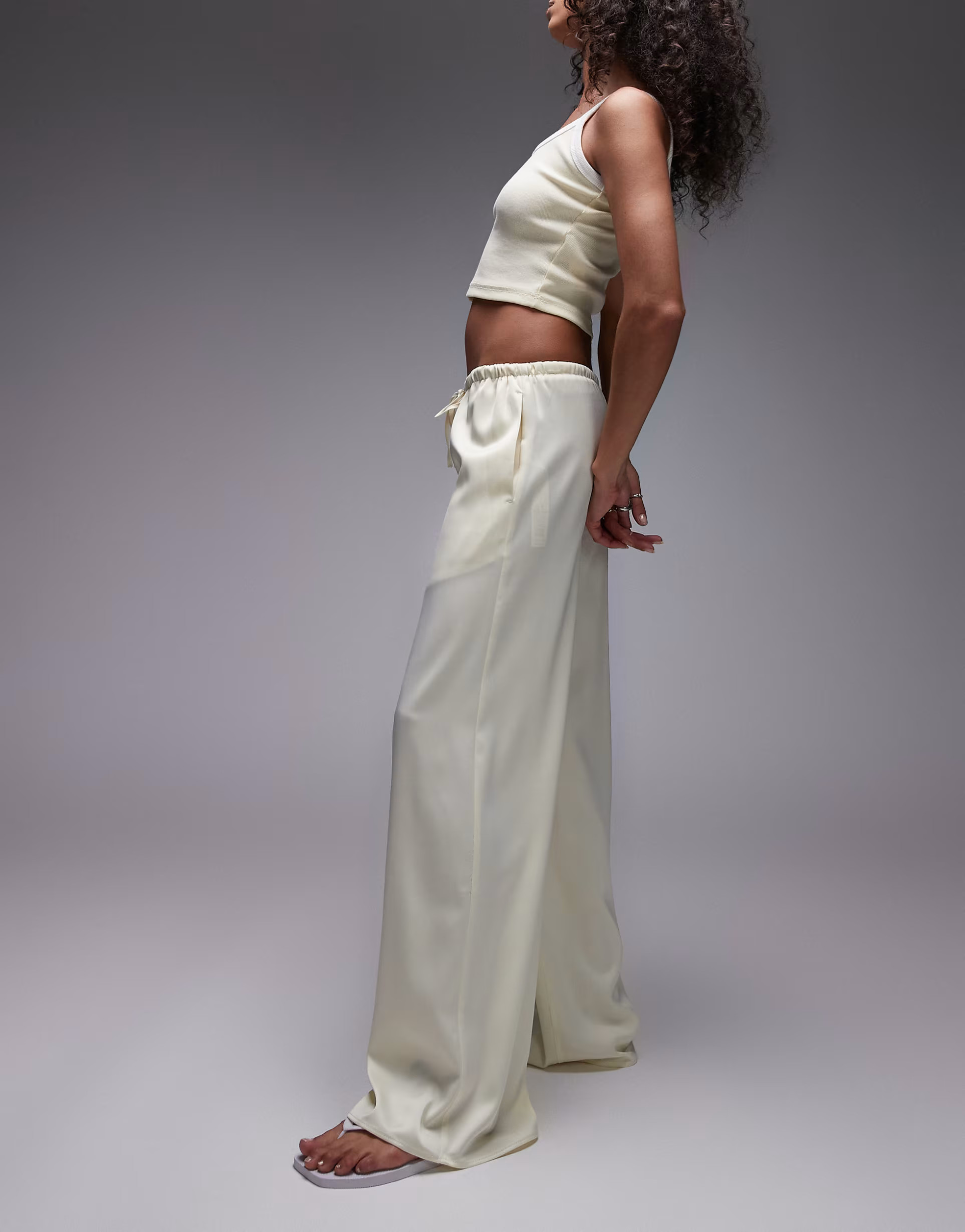 Topshop satin tie waist wide leg pants in buttermilk | ASOS (Global)