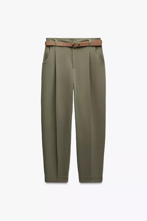 High-waist ankle-length trousers with front darts and a belt. Front pockets and false flap pocket... | Zara US