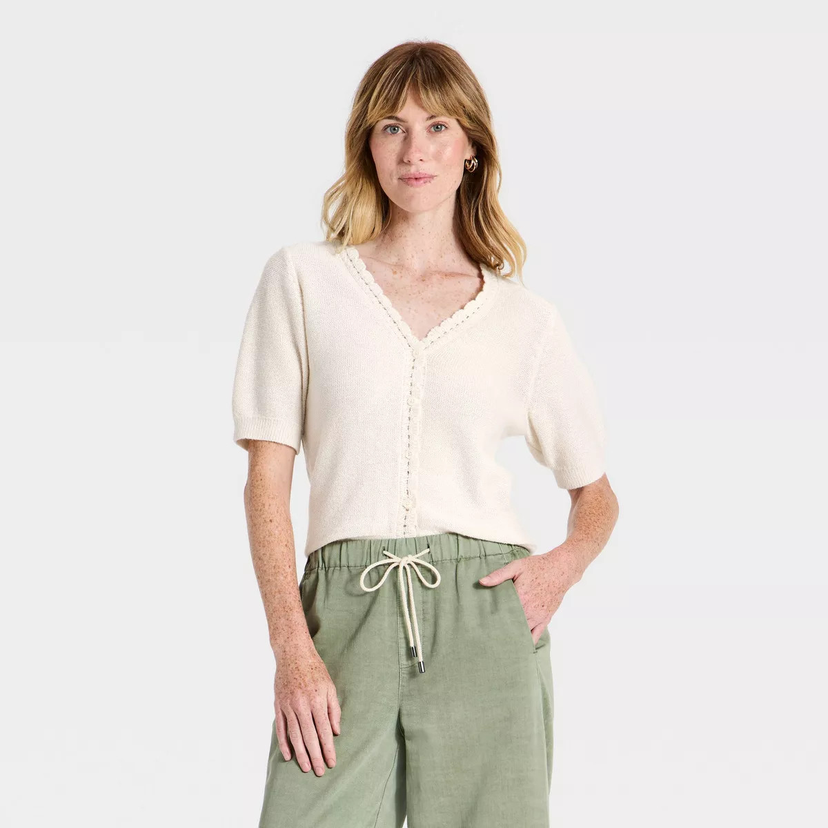 Women's Short Sleeve Heirloom V-Neck Cardigan Sweater - Universal Thread™ Cream L | Target