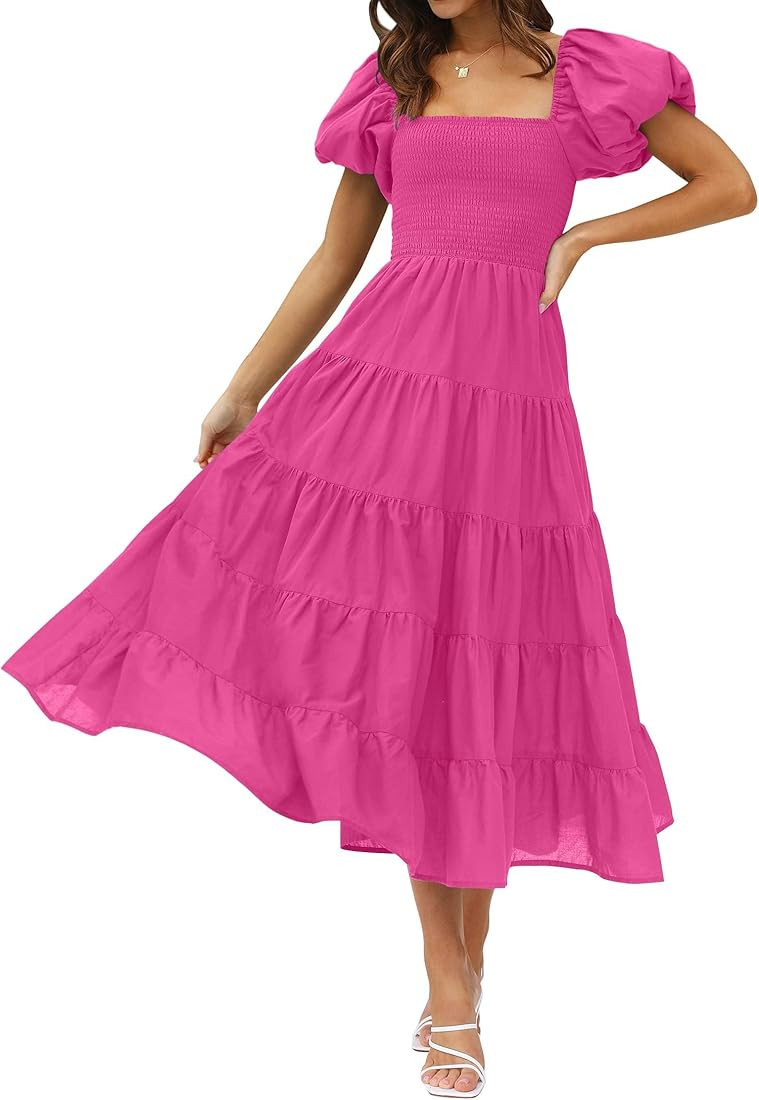 ZESICA Women's 2023 Summer Square Neck Short Puff Sleeve Solid Color High Waist Casual Smocked Fl... | Amazon (US)