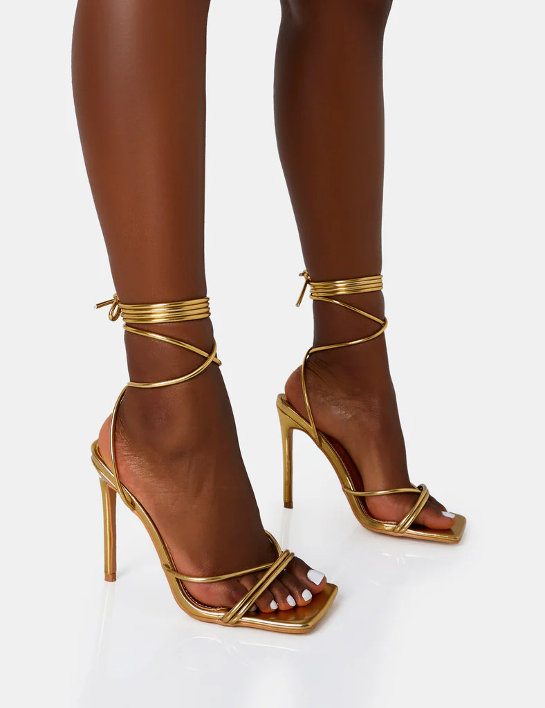 Dax Wide Fit Gold Pu Barely There Lace Up Square Toe Stiletto Heels | Public Desire