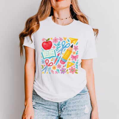 Simply Sage Market Watercolor Teacher Apple Collage - Womens Short Sleeve Tee - White - Medium | Target