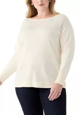 AK Anne Klein Women's Plus Size Boat Neck Rhinestone Sweater, White, 3X | Belk