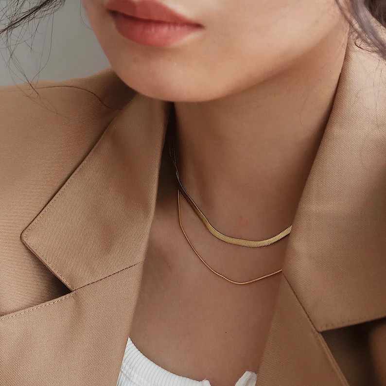 Gold Double Layer Snake Chain Necklace Double Herringbone - Etsy | Etsy (US)