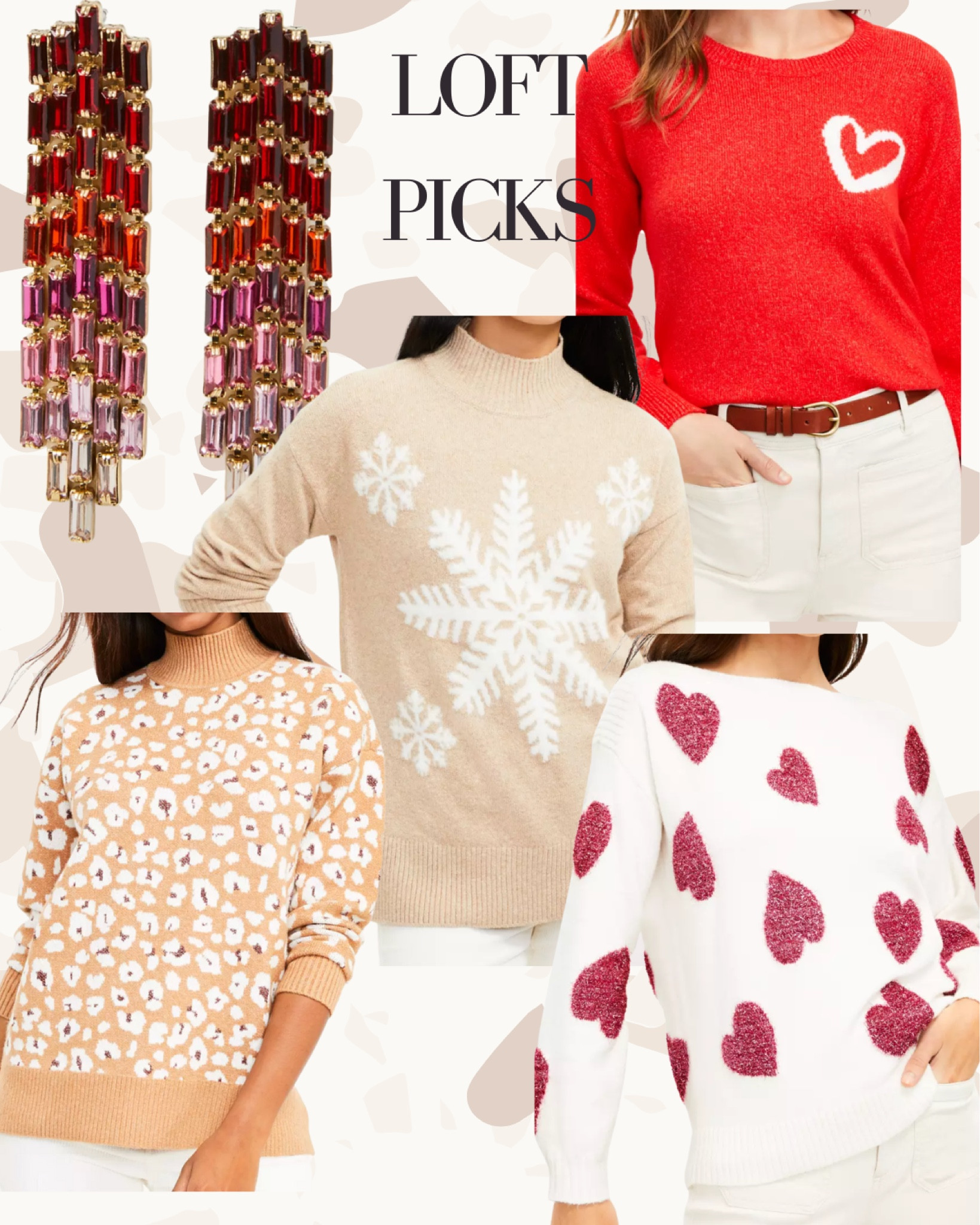 Loft picks, rhinestone earrings, heart sweater, snowflake sweater, leopard print sweater, winter fashion, winter style 

#LTKSeasonal #LTKstyletip #LTKunder100