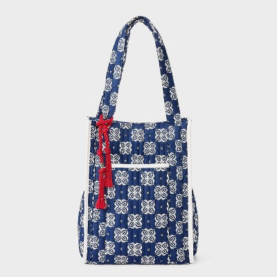Floral Print Quilted Tote Bag with Tassel - Universal Thread\u2122 Navy Blue | Target