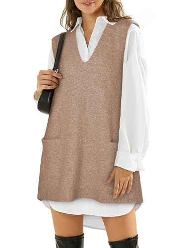 Sweater Vest Women Sleeveless V Neck Oversized Knit Tops Tunic Dress with Pockets Fall Fashion 20... | Amazon (US)