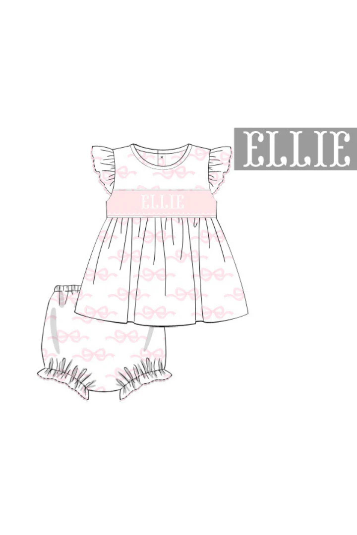 Pre-Order Hand Smocked Custom Name Pink Bow Knit Bloomer Set | The Smocked Flamingo