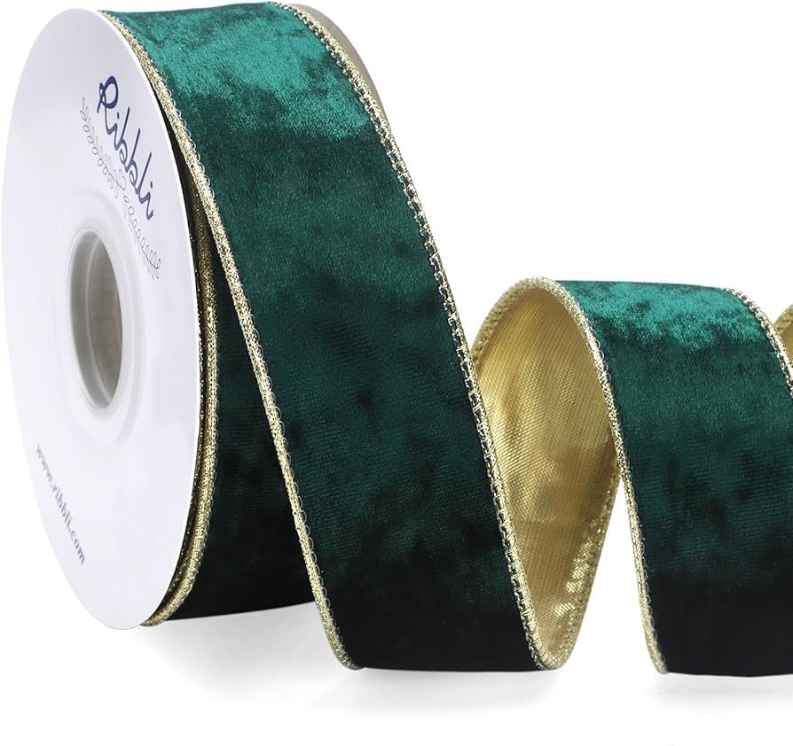 Ribbli Forest Green Velvet Wired Ribbon 1.5 Inch Metallic Green Gold Crushed Velvet Christmas Rib... | Amazon (US)