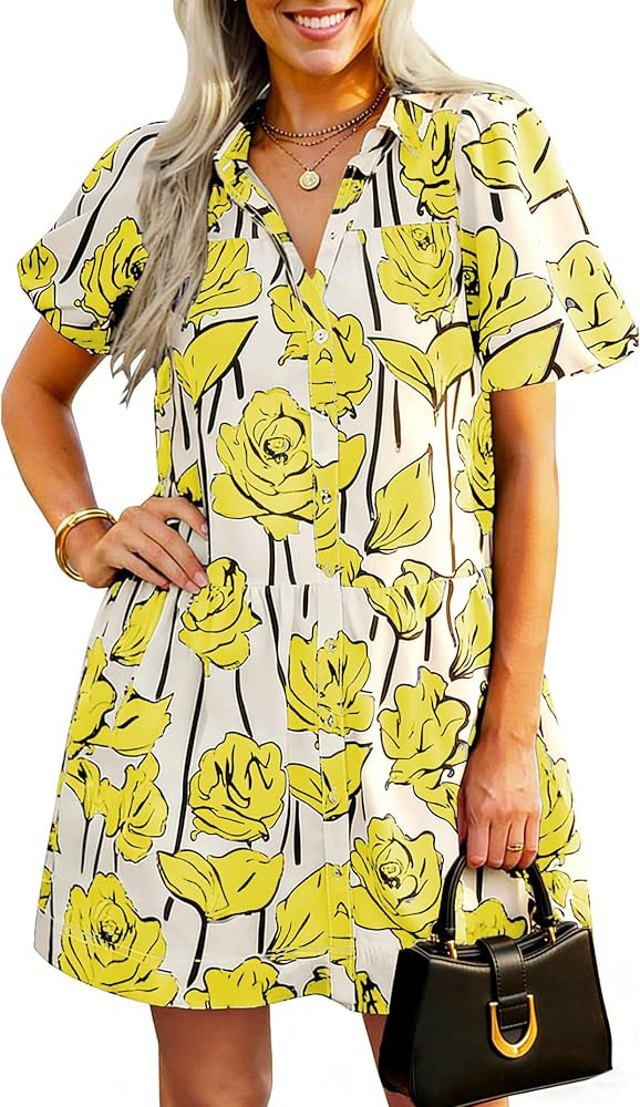 Hount Womens Summer Puff Sleeve Loose Mini Dress Floral Print Button Down Casual Beach Sun Dresse... | Amazon (US)