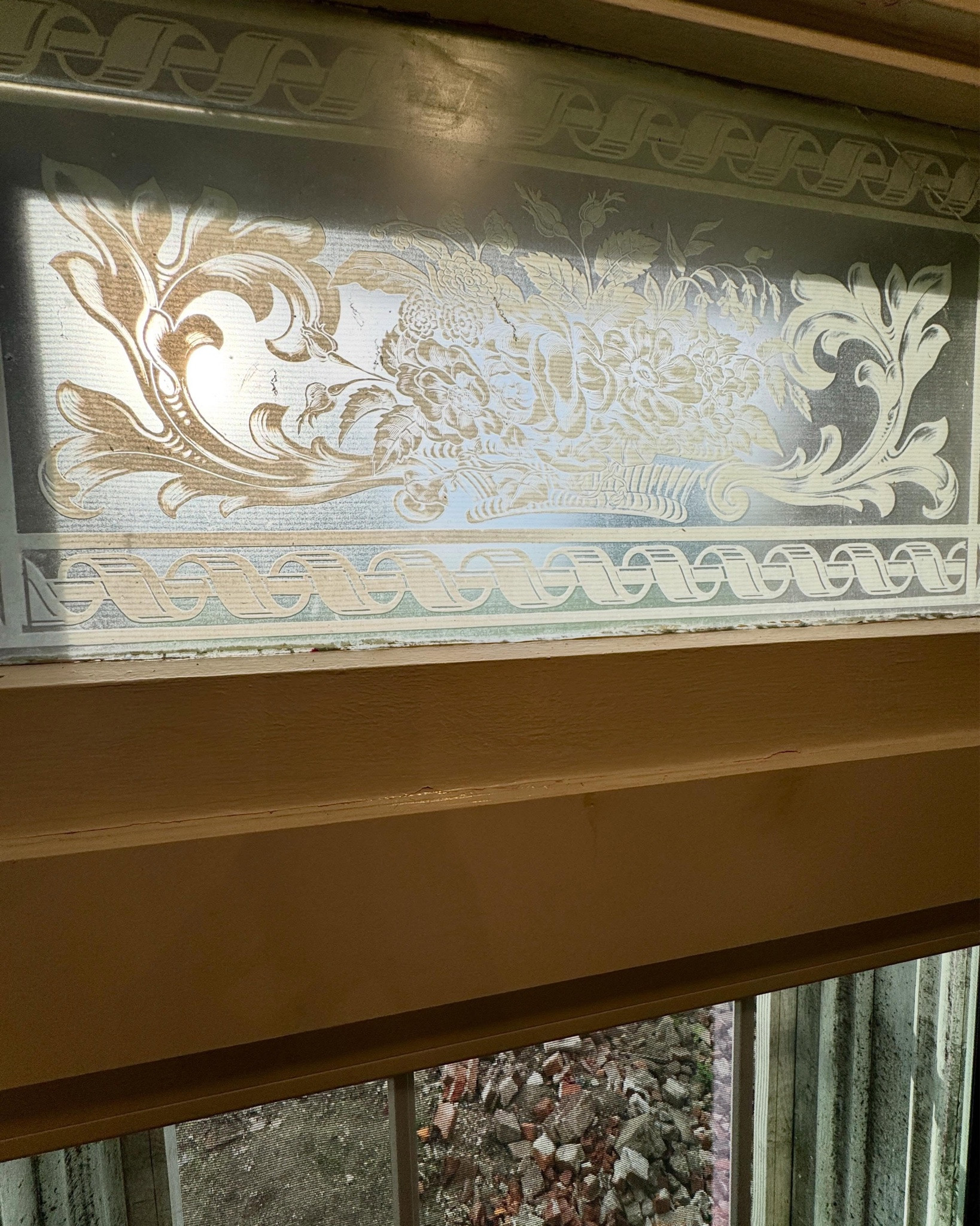This etched glass matches the front door entrance. 

That side entrance was where our bathroom is now. In 1860 there was not indoor plumbing so it was a hallway and on the other side was the fireplace. 

Can you see the ghosting of the pillars and how they moved the door and rebuilt in? 🤯 I included the original sketch so you can see that too. 

Now we need to adjust that screen or something so you can’t see in (while showering! 😳) but you can see out and that gorgeous glass. 

What fun things have you found in your old home?

#LTKrestoration