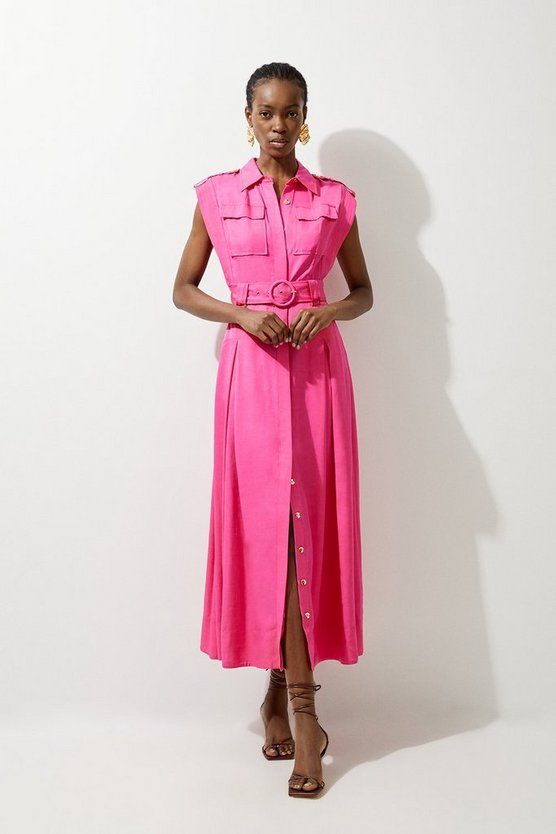 Premium Viscose Linen Topstitch Midaxi Dress | Karen Millen US