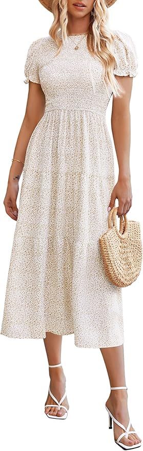 Zeagoo Women's Boho Floral Print Vintage Dress Summer Short Sleeve Smocked Waist A Line Maxi Dres... | Amazon (US)