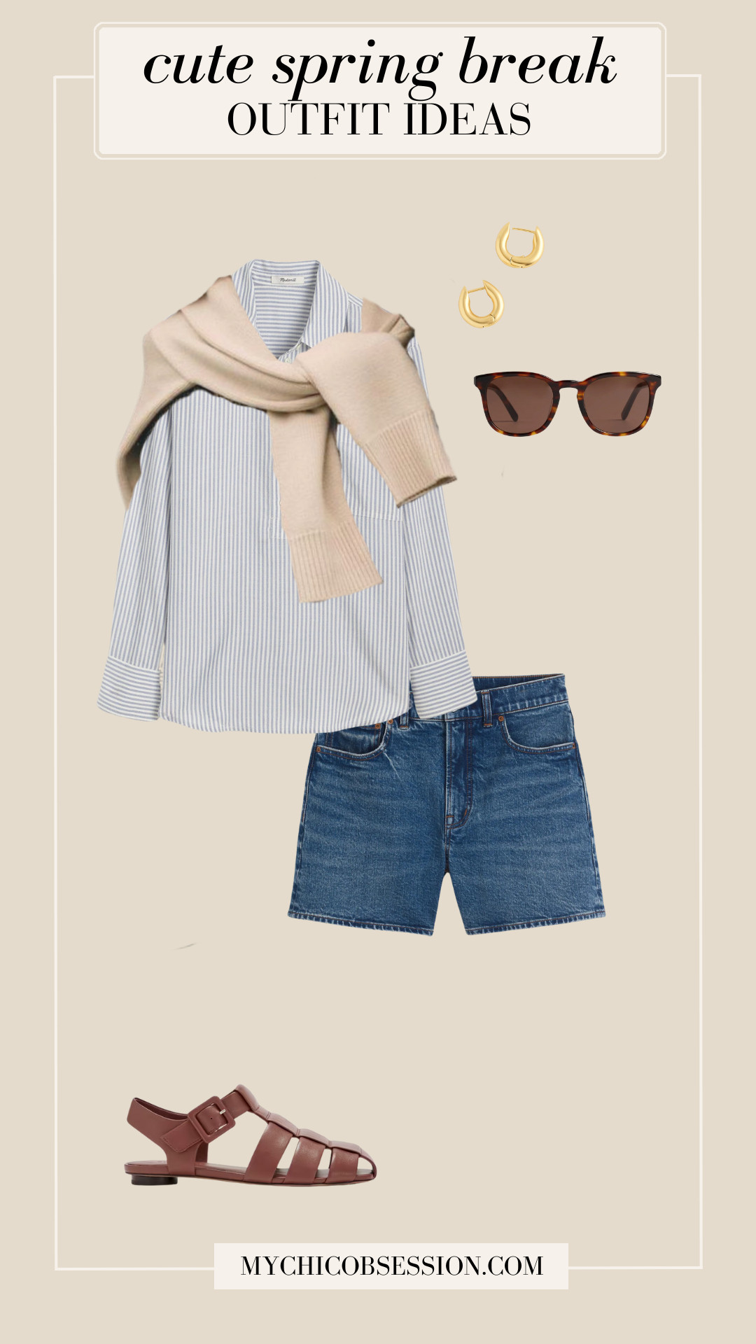 The little details make all the difference for styling chic spring break outfits. Tie a sweater around your shoulders for a cute, Parisian touch to your look. Layer it over a classic striped button-down or popover style shirt, paired with denim shorts, and a pair of Fisherman Sandals from Everlane. 

 #LTKSeasonal #LTKStyleTip #LTKShoeCrush