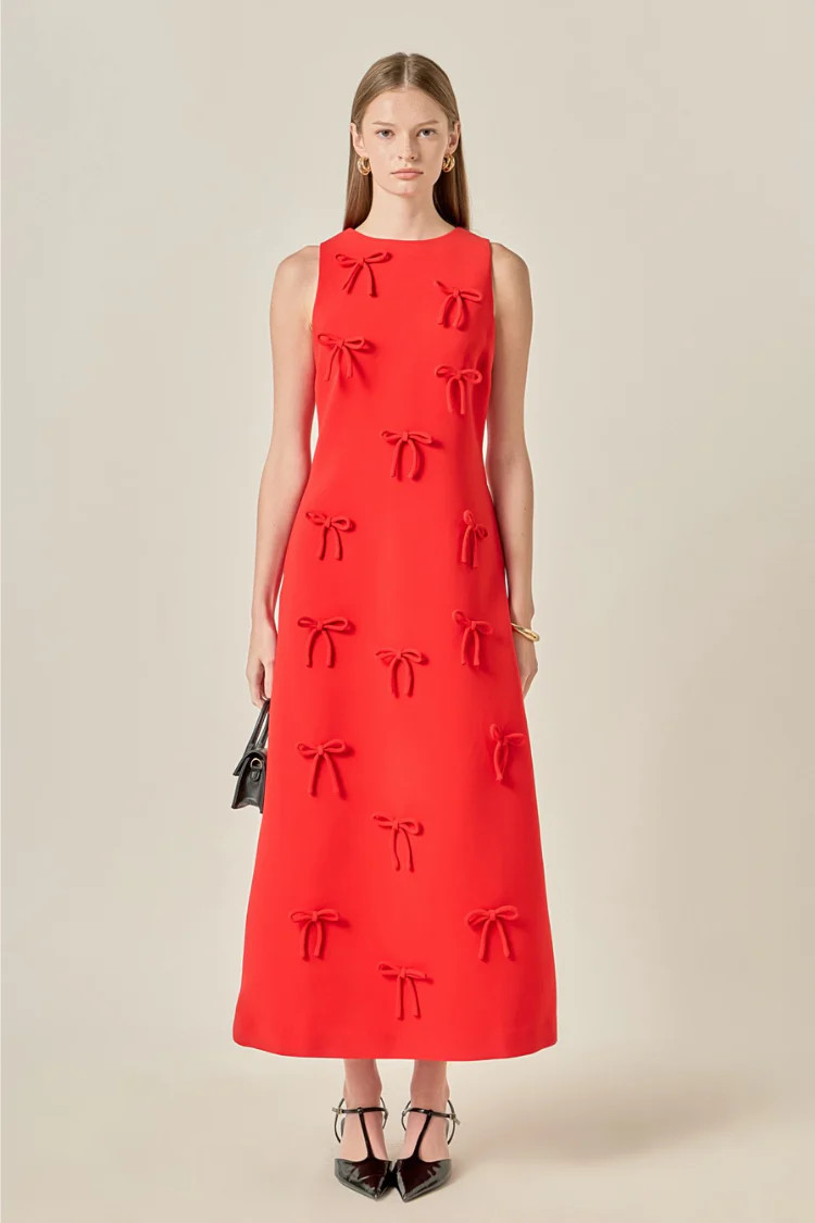 Bow Detailed Sleeveless Red Midi Dress | Confête