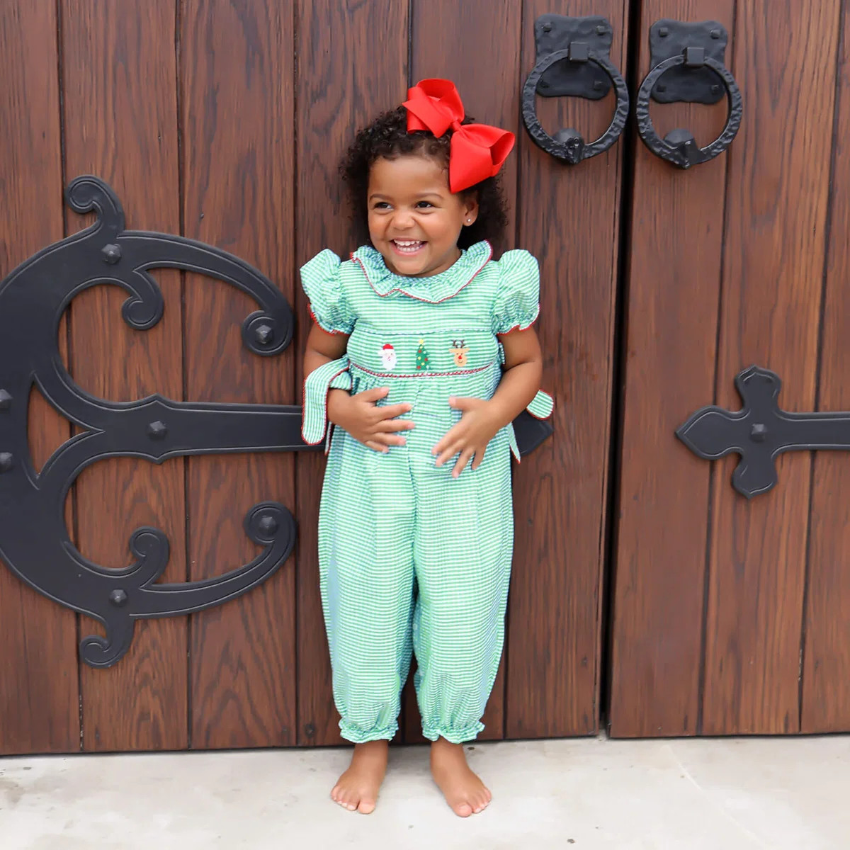 Santa Christmas Tree And Rudolph Smocked Green Windowpane Beverly Long Bubble | Classic Whimsy