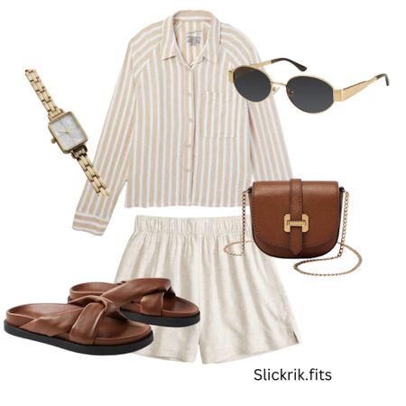 Striped button up shirt. Summer outfit. Brown sandals. Brown Crossbody bag. Gold sunglasses. Gold watch.

#LTKBeauty #LTKStyleTip #LTKGiftGuide