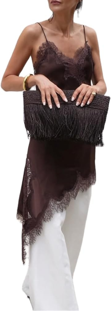 Women Satin Lace Trim Spaghetti Cami Tops Y2k Strap Side Split Asymmetrical Cami Top Loose Silky ... | Amazon (US)