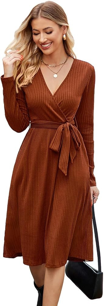 Newshows Women's 2023 Winter Sweater Dress Long Sleeve Spring V Neck Casual Ribbed Knit Belt Holi... | Amazon (US)