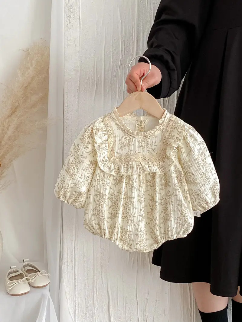 Cotton Floral Bodysuit for Toddlers - Cute Long Sleeve Ruffle Collar Romper with Woven Texture fo... | Temu Affiliate Program