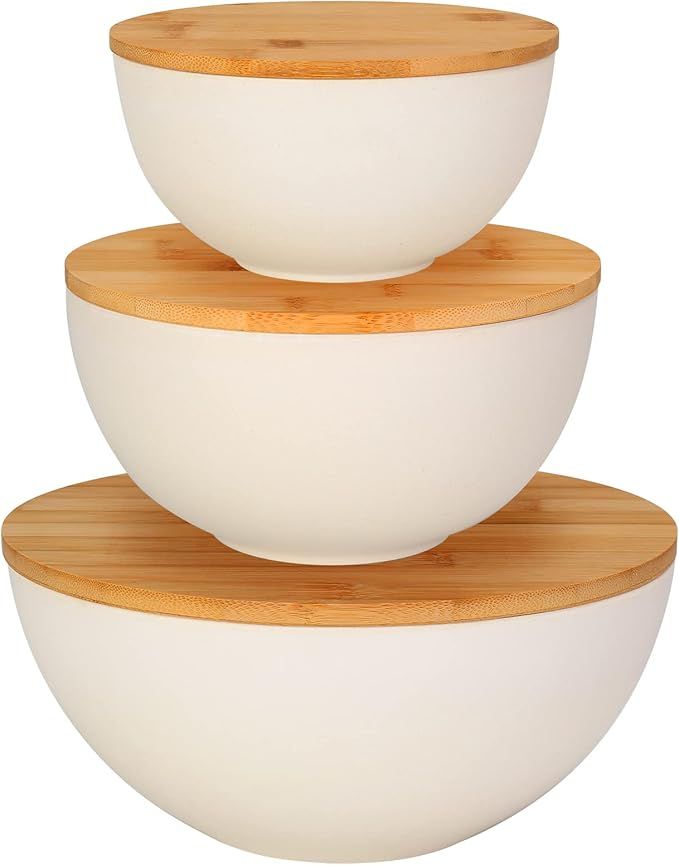 ShineMe Salad Bowl with Lid, Natural Bamboo Fiber Serving Bowls Set of 3 with Bamboo Wood Lids, B... | Amazon (US)