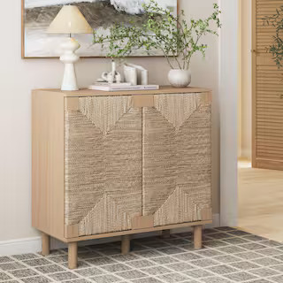 Nathan James Beacon Boho Raw Oak 31 in. Seagrass Accent Cabinet, Office Storage Cabinet w/ Adjust... | The Home Depot