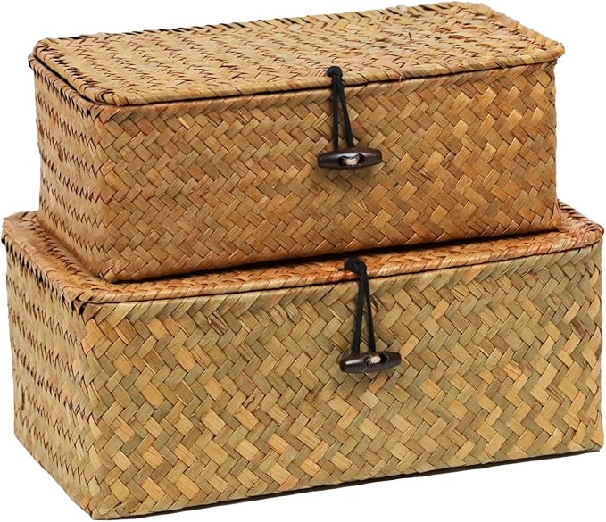 Set of 2 Wicker Basket with Lid, Seagrass Woven Basket for Storage, Decorative Storage Baskets Bi... | Amazon (US)