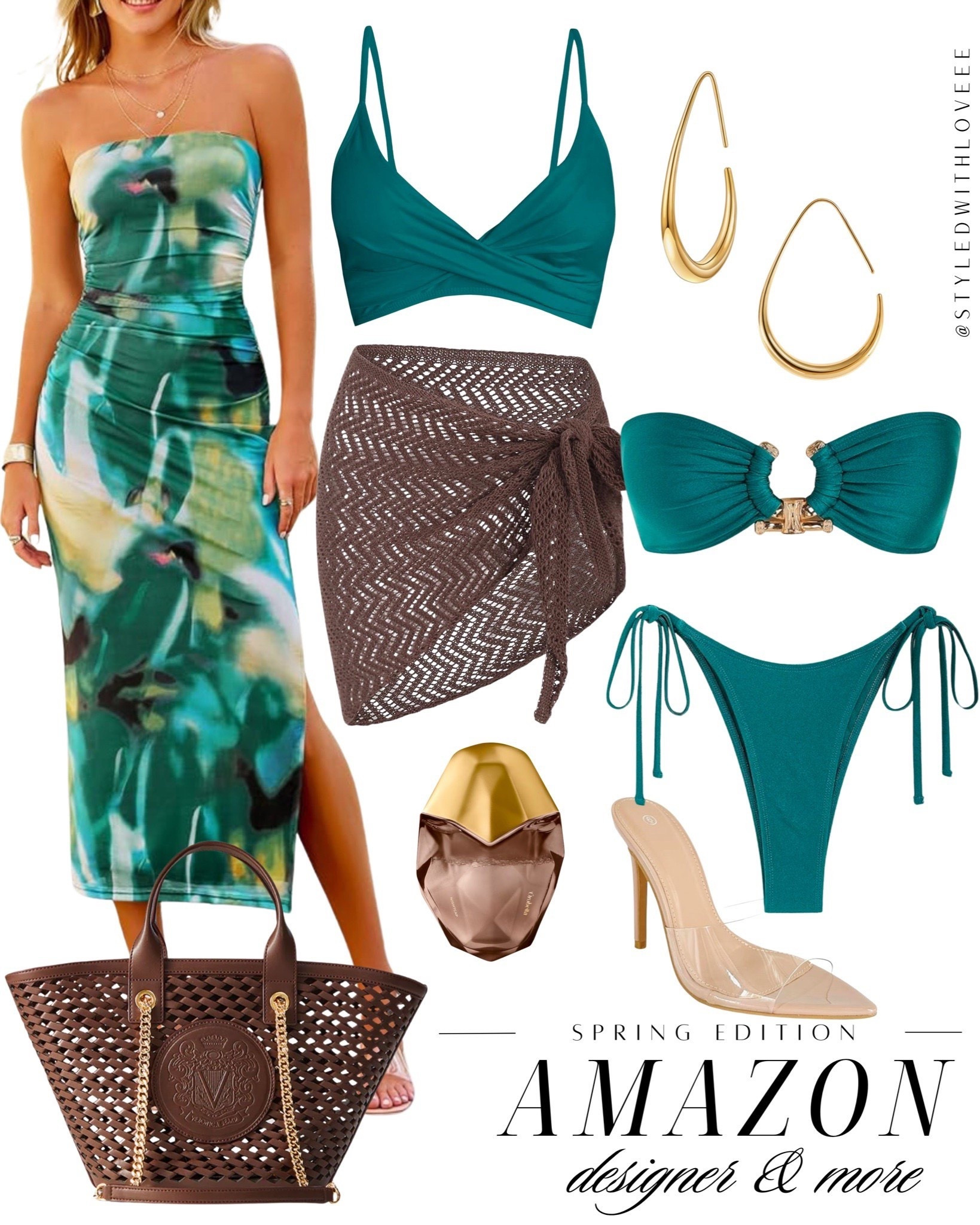This teal and brown combo is giving ultimate beach-to-brunch vibes. The watercolor midi dress is perfect for sunset strolls, and the bikini set with a wrap skirt is vacation-chic! Add gold hoops and a cutout tote for a polished resort look. Don't forget clear heels to elevate the outfit seamlessly.



#LTKSwim #LTKTravel #LTKootd