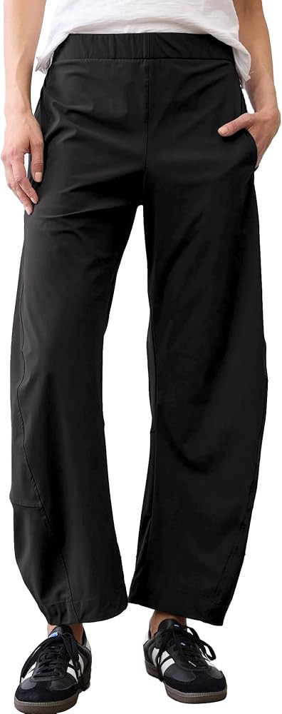 Women Barrel Travel Pants Elastic Waistband Tapered Leg Baggy Mid Rise Work Trousers Lounge Pant ... | Amazon (US)