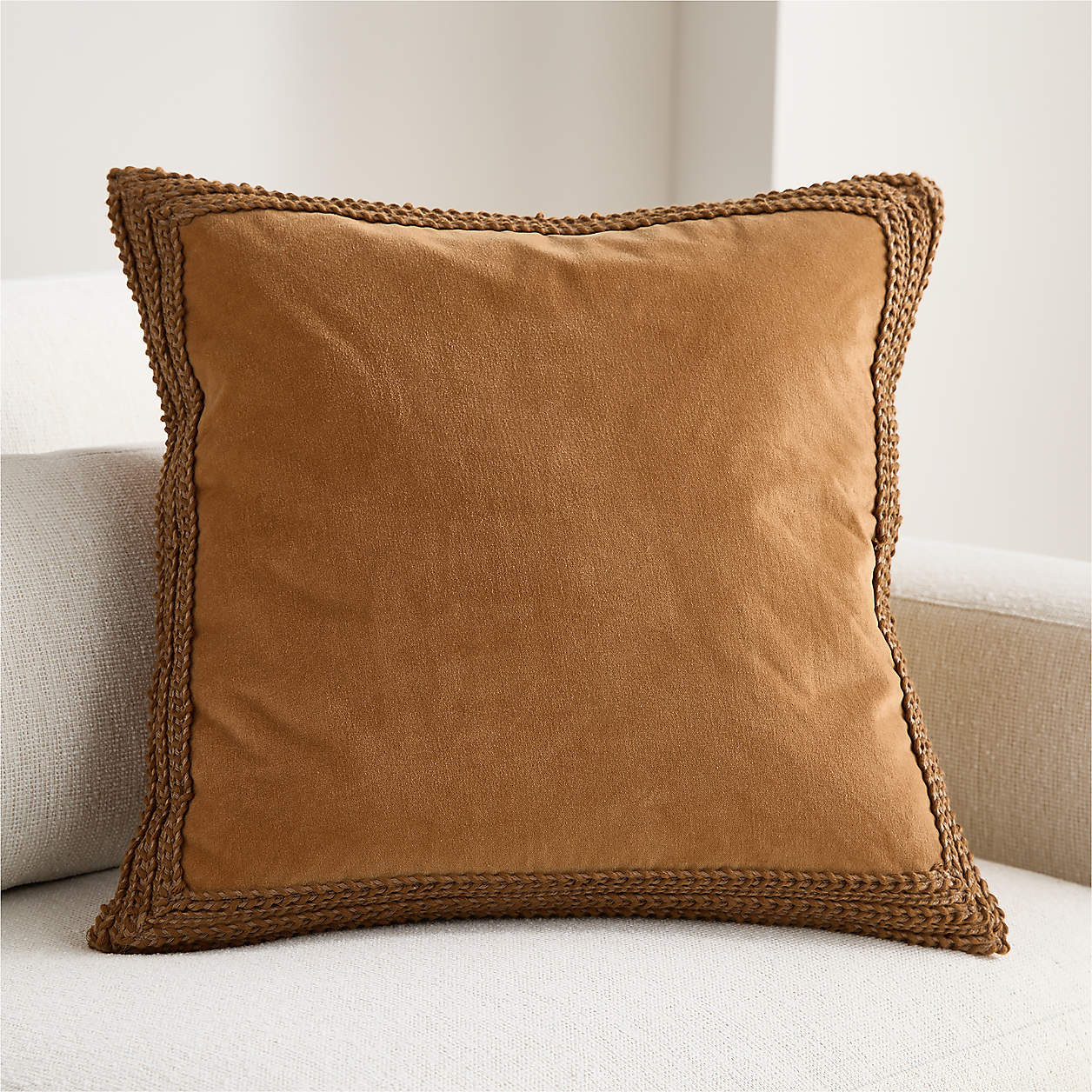 Braided Velvet Border 23"x23" Maple Brown Throw Pillow Cover | Crate & Barrel | Crate & Barrel