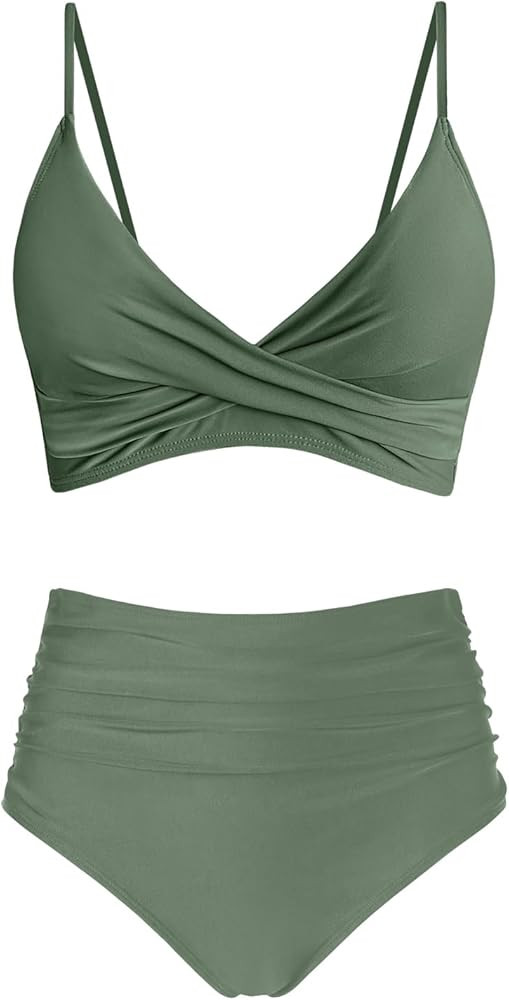 Women's High Waisted Bikini Sets Push Up Twist Front Spaghetti Straps Ruched Two Piece Swimsuit B... | Amazon (US)