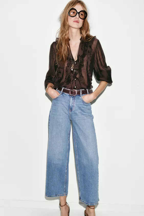 Z.10 HIGH WAIST CROPPED WIDE LEG BELTED JEANS | Zara US