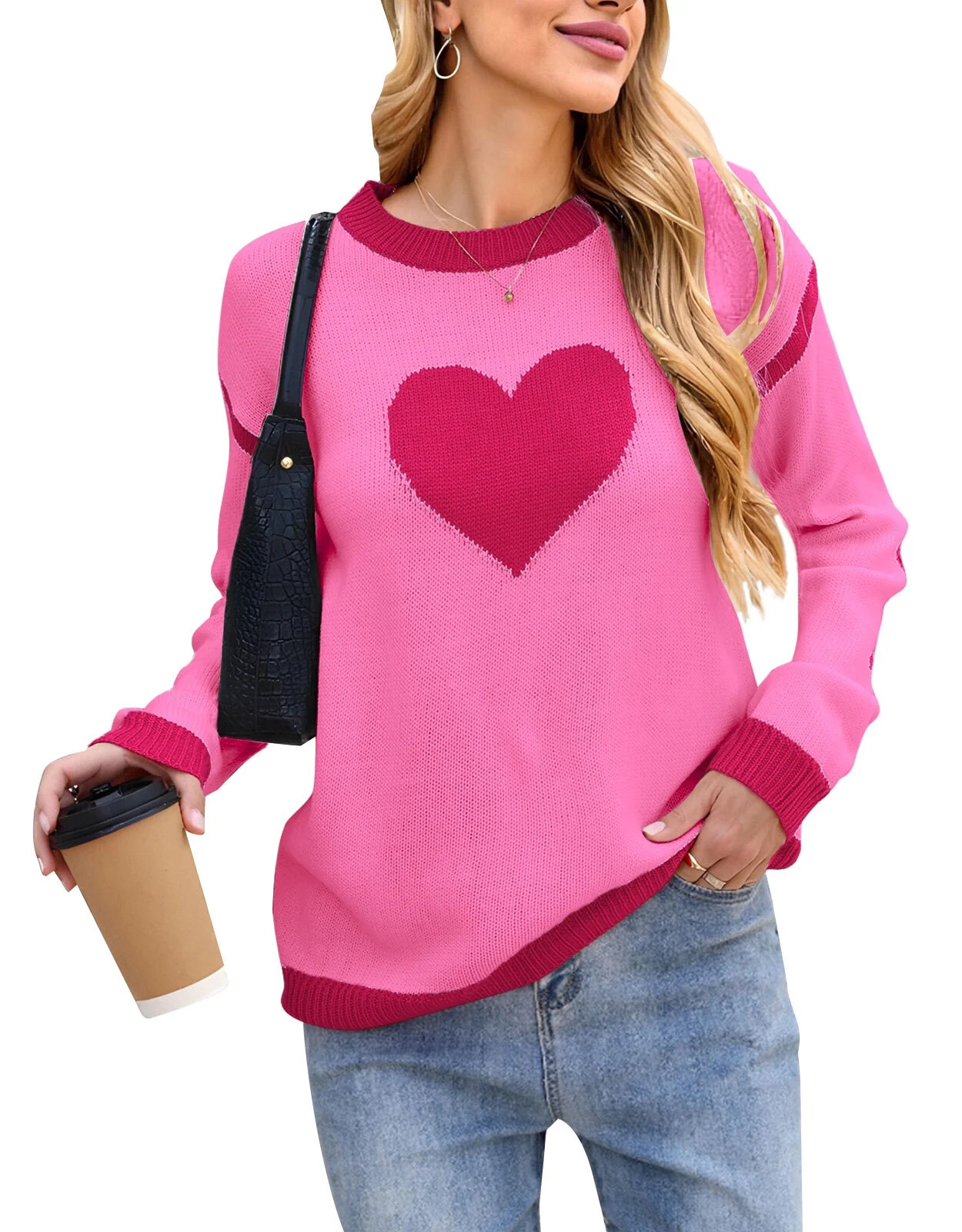 Heart Sweaters for Women Valentine's Day Crewneck Long Sleeve Striped Color Block Knitted Sweater... | Walmart (US)