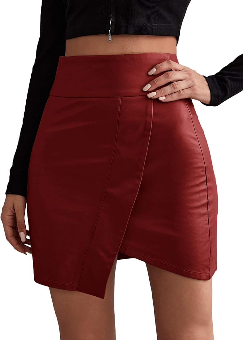 Floerns Women's Solid High Waist Asymmetrical Hem Bodycon PU Leather Skirt | Amazon (US)
