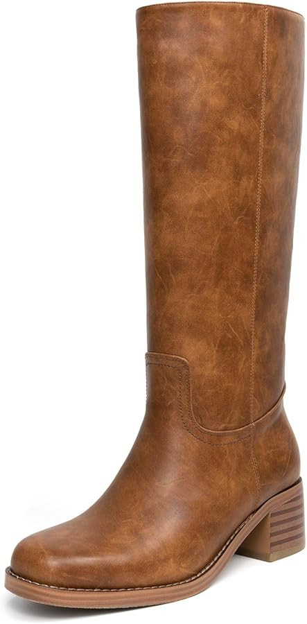 Platform Women's Knee High Square Toe Chunky Block Heel Long Wide Calf Riding Pull On Campus Boot... | Amazon (US)