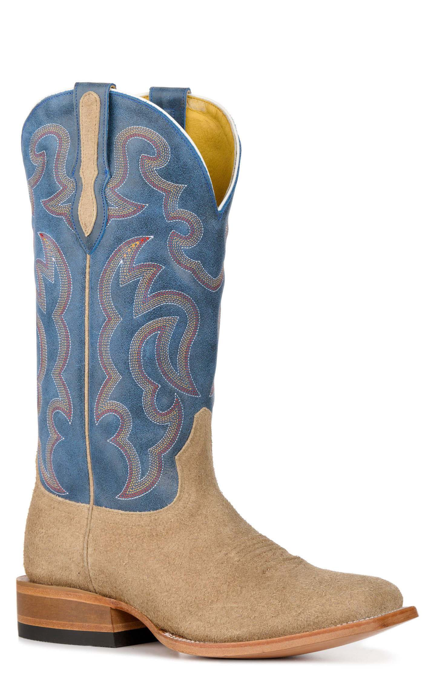 Cavender's Men's Tan Roughout and Blue Wide Square Toe Cowboy Boots - 9.5xD | Cavender's