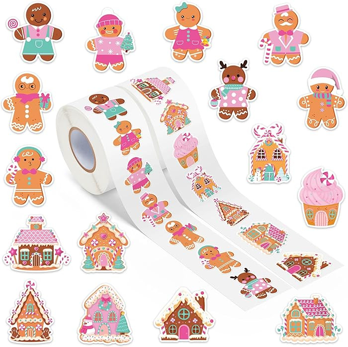 Christmas Gingerbread Sticker Rolls – 1000Pcs Pink Gingerbread Man Candy Cane House Stickers fo... | Amazon (US)