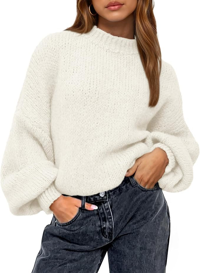 BTFBM Oversized Sweaters for Women Long Sleeve Fall Tops | Crewneck Lantern Sleeve Sweater,Fuzzy ... | Amazon (US)