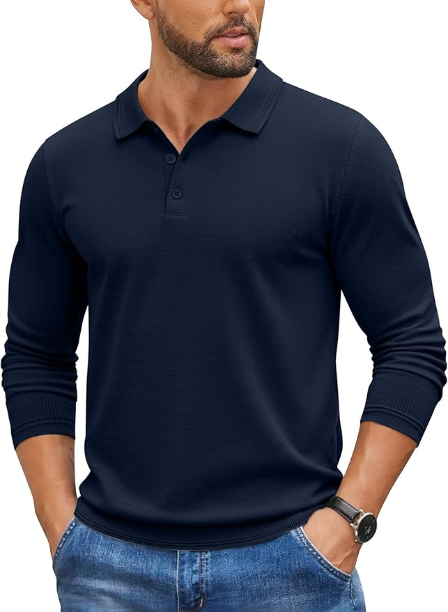 COOFANDY Mens Knit Polo Sweater Long Sleeve Casual Golf Polo Lightweight Dress Button Collar Pull... | Amazon (US)