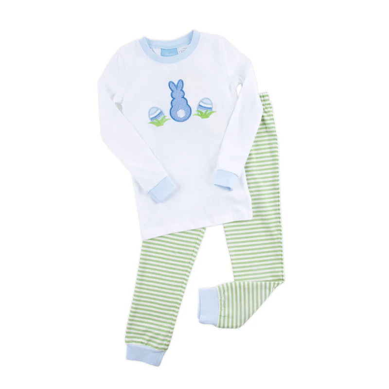 Easter Bunny Blue Trim Green Stripe Pajamas | Classic Whimsy