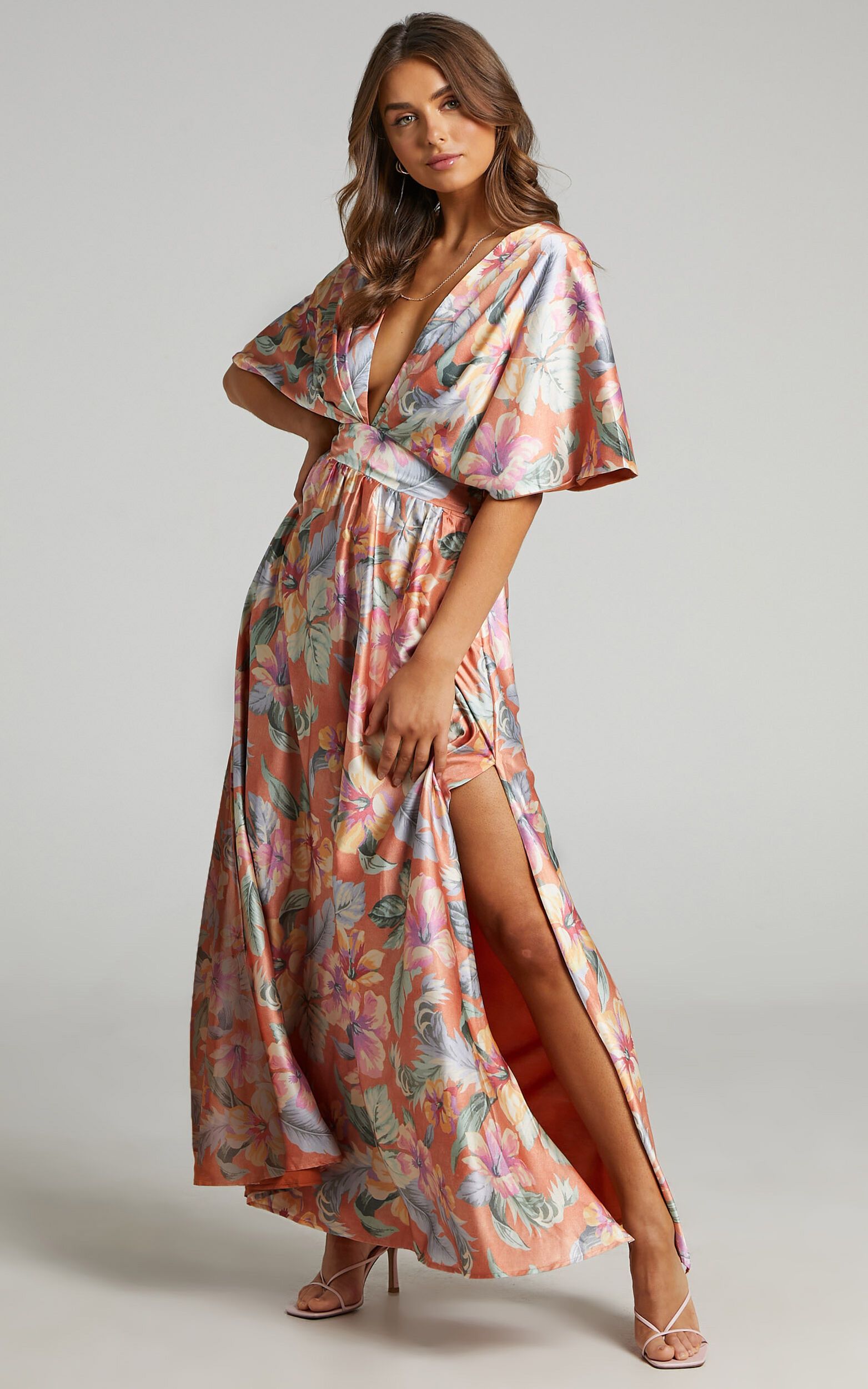 Sophia Midi Dress - Plunge Neck Bat Wing Sleeve Dress in Multi Floral | Showpo (US, UK & Europe)