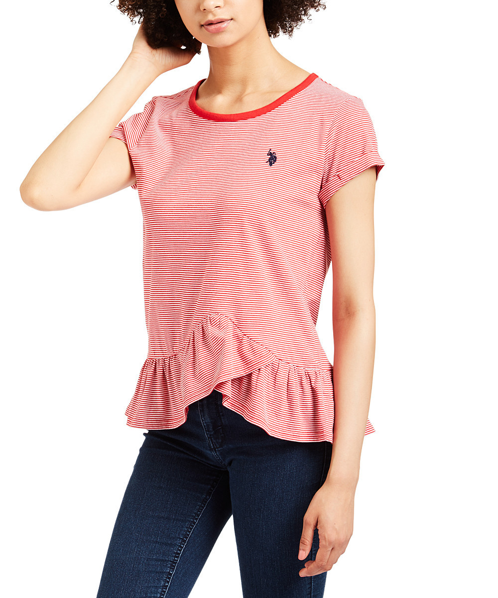 U.S. Polo Assn. Women's Tee Shirts RACING - Red Stripe Ruffle-Hem Cap-Sleeve Tee - Women | Zulily
