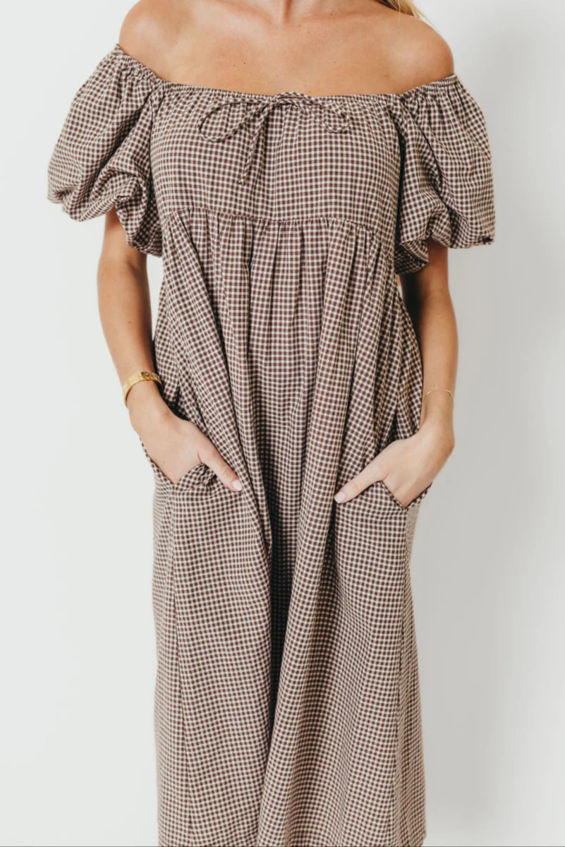 Evelyn Puff Sleeve Gingham Midi Dress in Brown | Worth Collective