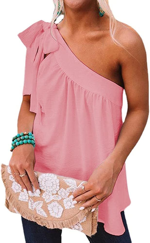 Guteidee Women's One Shoulder Tops Casual Tie Bow Knot Sleeveless Blouse Tunic Shirts | Amazon (US)