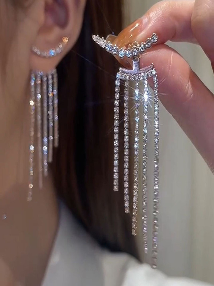 1pair Women's Versatile Wedding Long Tassel Rhinestone Full Of Diamond Front And Back Earrings | SHEIN