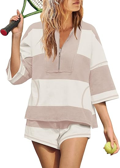 Yanekop Womens 2 Piece Outfits Summer Striped Lounge Set Two Piece Matching Workout Sets Oversize... | Amazon (US)