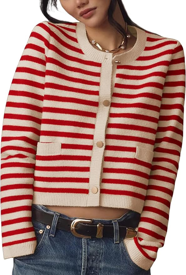 Lentta Womens Striped Knit Cardigan Sweater Crew Neck Long Sleeve Button Front Outerwear | Amazon (US)
